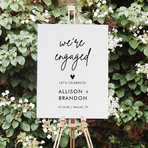 Minimalist Modern Engagement Party Engaged Sign Engagement Signs Ideas, Engaged Balloons, Modern Engagement Party, Engagement Flowers, Engagement Board, Wedding Photo Table, Wedding Table Seating Chart, Celebration Decorations, Modern Bridal Shower Invitations