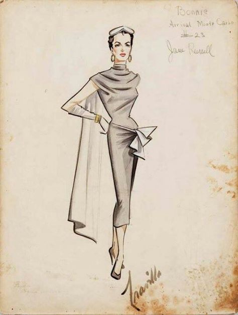 Travilla sketch for Jane Russell Russell Costume, Costume Design Sketch, Jane Russell, Hollywood Costume, Fashion Illustration Vintage, Vintage Dress Patterns, Fashion Illustration Sketches, Fashion Figures, Sketch Inspiration