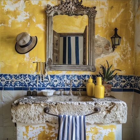 Sicilian Decor, Italian Interior, Yellow Bathrooms, Design Del Prodotto, Luxury House Designs, Style At Home, Dream House Decor, Bathroom Inspiration, House Inspiration