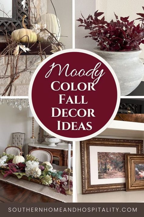 How I infused deep, dark rich moody accent colors in shades of burgundy, hunter green, and black into my not-so-moody rooms for a sophisticated fall look that's on trend! Moody Rooms, Seasonal Decor Fall, Moody Colors, Fall Decorating Ideas, Shades Of Burgundy, Fall Party, Fall Decorating, House Tour, New House