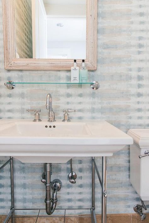 Glass Shelf Above Bathroom Sink, Gray Powder Room, Grey Trellis Wallpaper, Grey Powder Room, Blue Powder Rooms, Chrome Bathroom Fixtures, Small Half Bathrooms, Powder Room Lighting, Marble Bathroom Floor