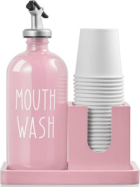 Amazon.com: Mouthwash Dispenser for Bathroom, 16 OZ Glass Mouthwash Dispenser with Pour Spout and Wood Cup Holder and Tray, Mouth Wash Bottle Container, Farmhouse Kitchen Bathroom Decor and Accessories, Pink : Home & Kitchen Wood Cup Holder, Container Farmhouse, Modern Farmhouse Bathroom Decor, Mouthwash Dispenser, Wood Cup, Girly Bathroom, Mouth Wash, Pink Bathroom Decor, Bottle Container