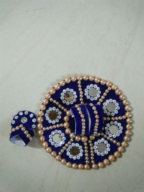 Blue velvet Vagha and pagh with mirror and chakri work Mirror Work Laddu Gopal Dress, Krishna Vagha Design, Vagha Design, Krishna Clothes, Krishna Jhula, Kanha Dress, Thali Decoration Ideas, Janmashtami Decoration, Bal Gopal