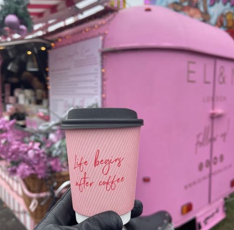 Pink Coffee Truck, Pink Coffee Cup Aesthetic, Girly Coffee Shop Aesthetic, Coffee Truck Aesthetic, Pink Coffee Shop Aesthetic, Pink Coffee Aesthetic, Pink Food Truck, Pink Cafe Aesthetic, Girly Cafe