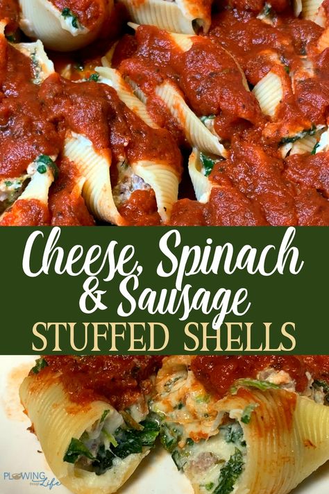 Cheesy Stuffed Shells, Stuffed Shells With Spinach, Sausage Stuffed Shells, Stuffed Shells With Meat, Meals To Make At Home, Spinach Sausage, Spinach Mozzarella, Quick Meals To Make, Spinach Stuffed Shells