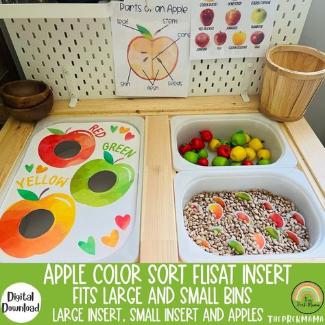 Table Insert Ideas, Prek Sensory Table Ideas, Sensory Table For One Year Old, Fall Flisat Table, Sensory Table Inserts, Birthday Sensory Table, Diy Flisat Insert, Apple Sensory Bin Preschool, Fall Sensory Table Ideas