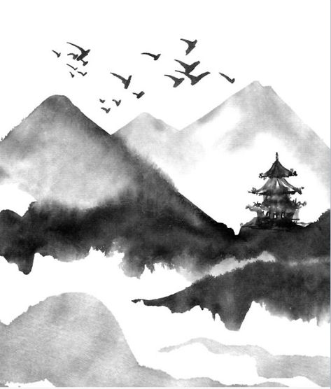 Trees Watercolor, Landscape Vector, Japanese Ink Painting, China Ink, Zen Painting, Sumi E Painting, Chinese Landscape Painting, Chinese Art Painting, Japanese Drawings