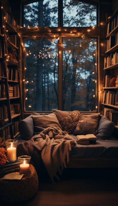 Moody Reading Nook, Reading Cabin, Cozy Fall Aesthetic Wallpaper, Window Nooks, Library Den, Cosy Reading Nook, Moody Rustic, Cozy Fall Aesthetic, Fall Aesthetic Wallpaper