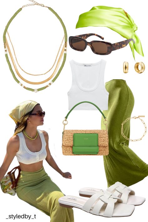 inspired by Kendal Jenner

skirt - shein
top - zara
shoes - ugg outlet
bag - oroton
earrings - mejuri
bracelet - hey harper 
sunglasses - the iconic, reality eyewear
green necklace - the iconic, arms of eve
gold neckalce - hey harper
headscarf - ASOS Green Head Scarf Outfit, Beach Outfit Colorful, Carribean Summer Outfits, Shein Holiday Outfits, Pool Day Outfit Casual, Shein Beach Outfits, Mejuri Bracelet, Island Vacation Outfits Tropical, Green Sandals Outfit