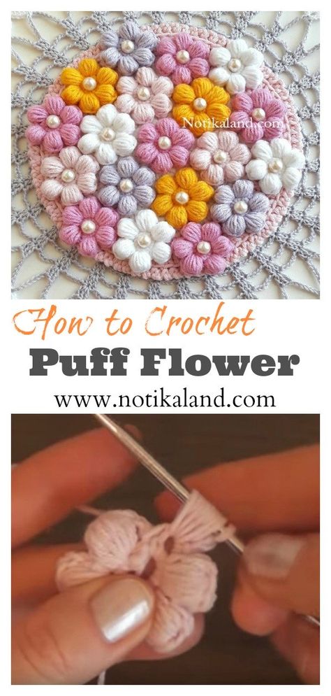 Puff Flower Free Crochet Pattern Diy Crochet Flowers Tutorial, Crochet Puff Flower, Diy Crochet Flowers, Flower Stencils, Puff Flower, Easy Puff, Heart Crochet, Crochet Flowers Free Pattern, Crochet Stitches Free