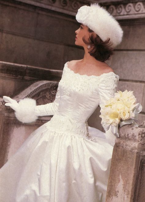 Audrey Wedding Dress, Late 90s Wedding Dress, 90s Wedding Dress Aesthetic, 20th Century Wedding Dress, Wedding Dress 90s Style, Vintage Chanel Wedding Dress, 80s Style Wedding Dress, Wedding Dresses Through The Decades, Modern Victorian Wedding Dress