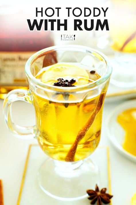 Hot Toddy With Rum are an easy, superior tasting toddy! Made with spiced rum, lemon, orange, honey, and spices! It's light, soothing, perfectly cozy, and absolutely perfect for sipping on a cold winter day. Hot Toddy Recipe Rum, Rum Hot Toddy, Hot Rum Toddy, Hot Toddy Recipe For Colds, Spiced Rum Recipes, Orange Spice Tea, Hot Toddy Recipe, Toddy Recipe, Spiked Hot Chocolate