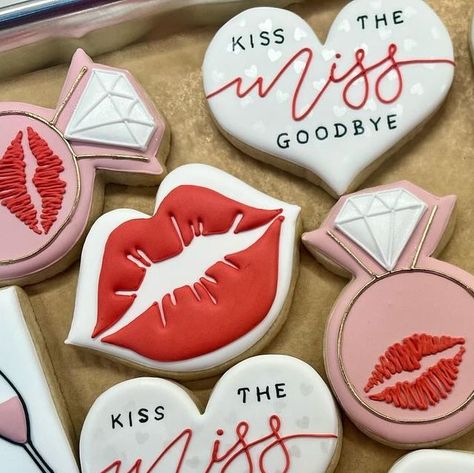 Katy|Spoonful Of Sugar Cookies on Instagram: "This theme is so fun! 👄💋💄🥂 #spoonfulofsugarcookies #royalicing #nkycookies #cincycookies #kissthemissgoodbye #bridalshowercookies #valentinecookies #lipscookies #weddingshowercookies" Kissing My 20s Goodbye Party Theme, Kiss The Miss Goodbye Bridal Shower Decor, Kiss The Miss Goodbye Cookies, Kiss The Miss Goodbye Bridal Shower, Divorce Cookies, Goodbye Cake, Kiss The Miss Goodbye, Wedding Shower Cookies, Goodbye Party