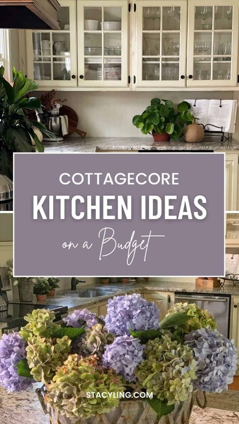 Transform your kitchen into a charming cottagecore haven with these affordable DIY projects and decorating tips.rnrnCottagecore kitchenrnCottagecore décorrnKitchen renovation on a budgetrnDIY kitchen makeoverrnVintage kitchen ideasrnRustic kitchen designrnFarmhouse kitchen stylernKitchen cabinet updaternKitchen countertop ideasrnOpen shelvingrnNatural materialsrnSoft colorsrnFloral accents Cottagecore Kitchen Rental, Diy Cottagecore Decor, Cottagecore Kitchen Ideas, Farmcore Aesthetic, Modern Cottage Core, Rustic Cottage Kitchens, Cottage Core Kitchen, Cottage Kitchen Decor, Top Kitchen Cabinets