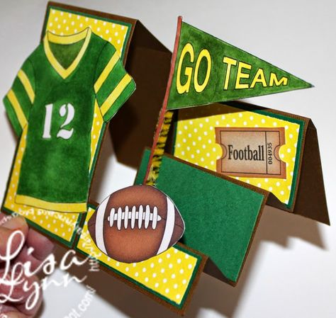 Lisa Lynn's Card Creations: Football - Go teamPatterned Paper:  Recollection Cardstock:  Bazzil; Recollection Stamps:  Imagine That - Humphrey Football Sentiment:  TLC, Create Pipe cleaner: Recollection Handmade Sports Birthday Cards, Rugby Cards Handmade, Football Card Ideas, Football Cards Handmade, Softball Cards, Cascading Cards, Masculine Cards Handmade, Crafters Companion Christmas Cards, Cascading Card