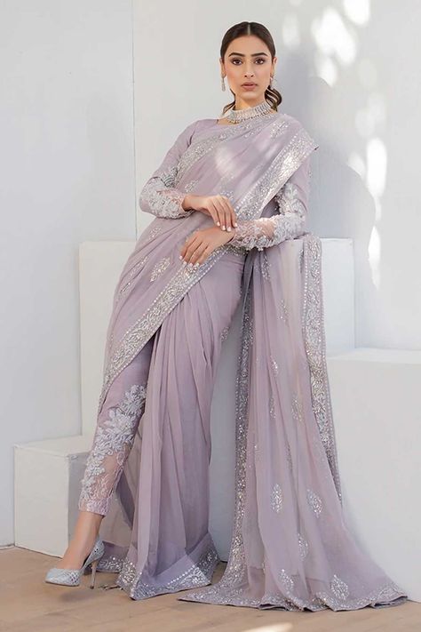 Pants Saree, Saree Pants, Mauve Saree, Saree Chiffon, Pant Saree, Purple Work, Shadi Dresses, Latest Bridal Dresses, Raw Silk Saree