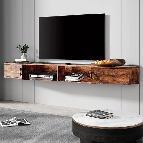 Amazon.com: FITUEYES Floating TV Stand Wall Mounted TV Shelf Entertainment Center Walnut Media Console with Doors Cabinet Modern Component for Storage Hutch Under TV for Home Living Room Office,Rustic Brown : Home & Kitchen Under Tv Cabinet, Wall Mount Tv Shelf, Hutch Desk, Tv Stand Wall, Wall Tv Stand, Hanging Tv, Different Home Decor Styles, Wood Media Console, Floating Entertainment Center