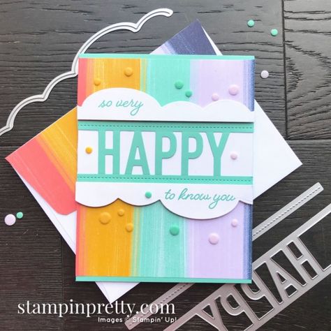 Create this card using the So Much Happy Bundle from Stampin\' Up! Card exclusive to customers of Mary Fish, Stampin\' Pretty Stampin Up So Much Happy, Candy Giveaway, Mary Fish, Stampin Pretty, Rainbow Card, Happy Cards, Pattern Play, Cards For Friends, Pretty Cards