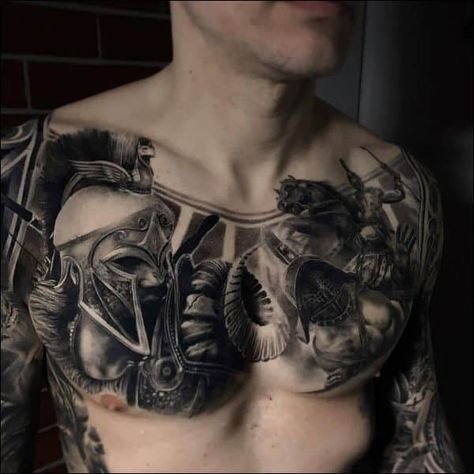 Roman Chest Tattoo Men, Tattoo Inspiration Men Chest, Mythology Chest Tattoo, Greek Mythology Chest Tattoo, Tattoo Peito, Chest Neck Tattoo, Sparta Tattoo, Chest Tattoos For Men, Tattoo Designs Small