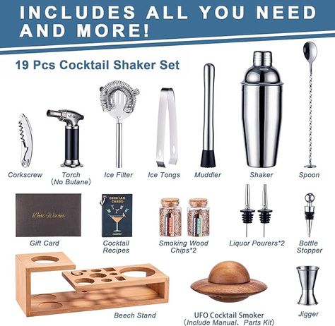 SITOO Bartender Kit with Cocktail Smoker Kit, 19-Piece Bar Tool Set with Beech Stand and Torch for Mixed Drink, Perfect Home Bartending Kit with Bar Accessory Tools(No Butane) (Silver & Beech) #AmazonAffiliate Bartender Equipment, Bartender Supplies, Private Bartender, Bartending Basics, Bartending 101, Bartender Set, Bartender Drinks Recipes, Cocktail Smoker, Bar Tender