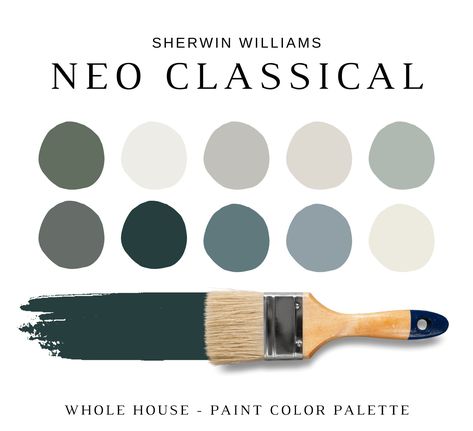 The PDF contains EVERYTHING you need to KNOW about Sherwin Williams NEOCLASSICAL Paint Colors! It includes a list of 16 complementary Sherwin Williams NEOCLASSICAL Paint Colors that complement each other. This is a PREPACKAGED Color Palette Selection Listing that includes the Sherwin Williams complementary color recommendations for walls, ceilings, trims, moldings, doors, and window frames - for your WHOLE HOUSE. NOTE: This LISTING is MORE than color palette suggestions! This is a *digital downl Neoclassical Interior Design Color Palette, Neo Classical Color Palette, Neoclassical Color Palette, Modern Traditional Color Palette, Colored Doors Interior, Interior Design Neoclassical, Paint Sheen Guide, Material Color Palette, High End Interior Design