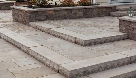 York Step by Techo Bloc. This would look great with granite as well Sunken Room, Bluestone Steps, Front Porch Stone, Paver Steps, Step Ideas, Stone Step, York Stone, Brick Steps, Outdoor Walkway