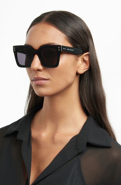 Subtle silvertone hardware punctuates these square-frame sunnies with logo detailing at the temple. 51mm lens width; 24mm bridge width; 145mm temple length 100% UV protection CR-39 lenses Acetate Imported Isabel Marant Sunglasses, Blenders Sunglasses, Black Sunglasses Square, Flat Top Sunglasses, Top Sunglasses, Plastic Glasses, Brow Bar, Flowing Dresses, Rectangular Sunglasses