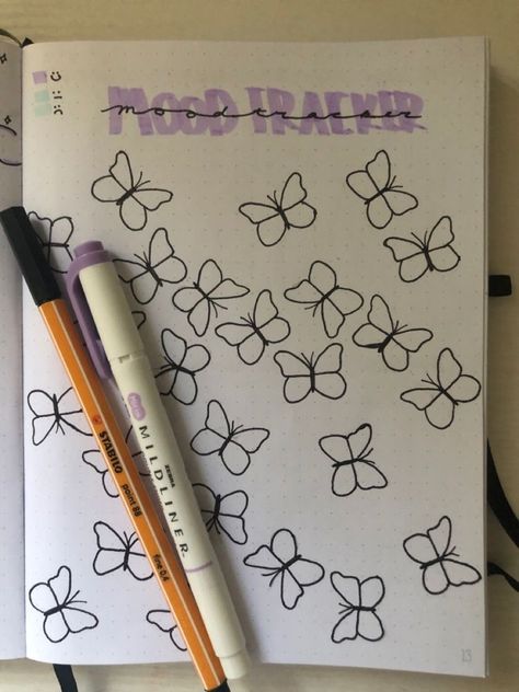 Journal Page Themes, January Page Ideas, Bujo Purple Theme, Dot Book Journal Ideas, Dot Journal Page Ideas, Bujo January Mood Tracker, Mood Tracker Journal Ideas, Mood Trackers For Bullet Journal, Butterfly Bujo Theme