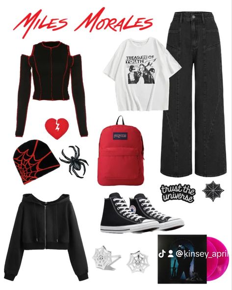 Miles Morales Themed Outfit, Spiderman Casual Outfit, Miles Morales Clothing Style, Spider Gwen Outfit Ideas, Spider Man Outfits Ideas Aesthetic, Spiderverse Outfit Ideas, Masc Halloween Costumes Ideas, Miles Morales Outfit Aesthetic, Spiderverse Inspired Outfits