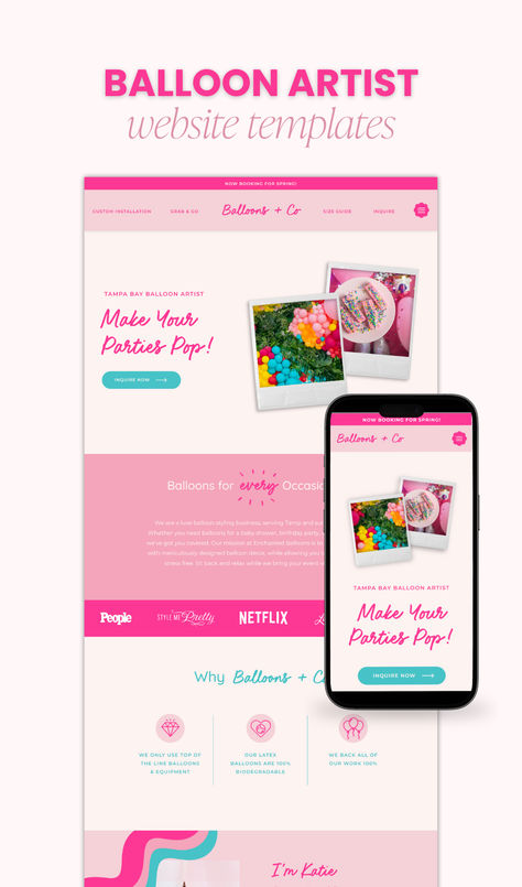 Fun, colorful, clean website template with pops of hot pink, soft pink, and teal.  Designed for balloon artists but can be customized for any industry. Party Planner Website Design, Balloon Website Design, Event Booking Website, Girly Website Design Inspiration, Pink And Blue Website Design, Girly Branding, Event Planner Website Design, Event Planner Branding, Event Planner Website