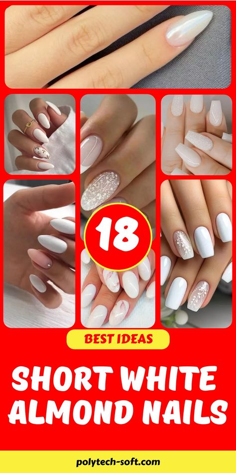 Looking for fresh and fashionable short white almond nail designs? Our collection features 18 top picks, from elegant simple acrylic to sparkling glitter and French tip acrylic. These nails are not only perfect for winter but all seasons, offering a range of designs that cater to any occasion and match a variety of skin tones. Short White Nails With Glitter, Short White Almond Nails, White Almond Shaped Nails, White Almond Nail Designs, Sparkly Ombre Nails, Almond Nail Designs, White Almond Nails, Nails With Glitter, Glitter Accent Nails