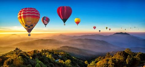 subject- Hot air balloons   Composition-It uses a particular iso to make the picture make the balloons pop and shows that throughout. foreground elements-The mountains with fog and the trees Fiji Vacation, Landscape Photography Tips, Photography Tips For Beginners, Photo Nature, Hot Air Balloons, Best Places To Live, Air Balloons, Wall Art Pictures, Landscape Photographers