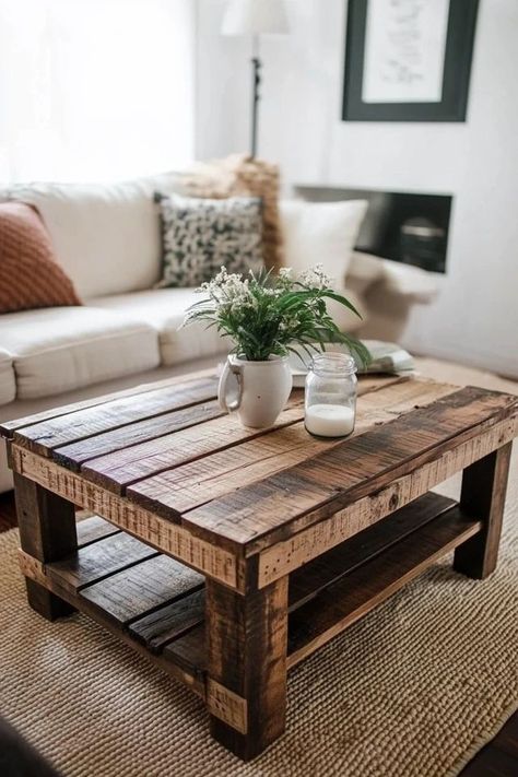 "Transform reclaimed pallets into a beautiful DIY Coffee Table! 🛠️☕ Ideal for adding a handmade, rustic touch to your decor. 🌿✨ #DIYHome #PalletCrafts #TableDesign" Pallet Coffee Table Diy, Rustic Coffee Shop, Pallet Wood Coffee Table, Handmade Coffee Table, Reclaimed Pallets, Pallet Crafts, Coffee Shop Decor, Diy Coffee Table, Wood Coffee Table