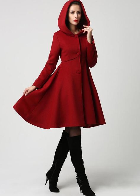 gift for women,This wool coat is for you if you are looking for a winter coat, features a hooded coat design, beautifully structured, triangular shaped, empire waist bodice with seam detailing that leads in a wide flowing skirt. Dark red coats never go out of style so you will get years of Dress Coat Outfit, Hooded Wool Coat, Red Wool Coat, Princess Coat, Wool Winter Coat, Wool Coat Women, Wool Clothing, Modieuze Outfits, Red Coat