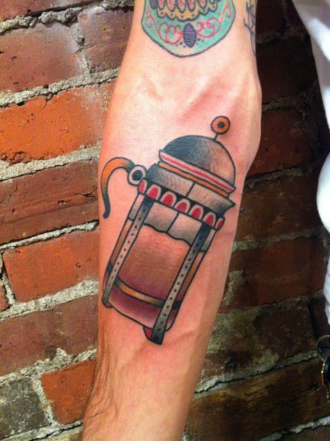 Jimmy Snaz, French Press Tattoo, Food Tattoo, Food Tattoos, Traditional Style Tattoo, Coffee Tattoos, London Tattoo, Traditional Tattoos, Tattoo Parlors