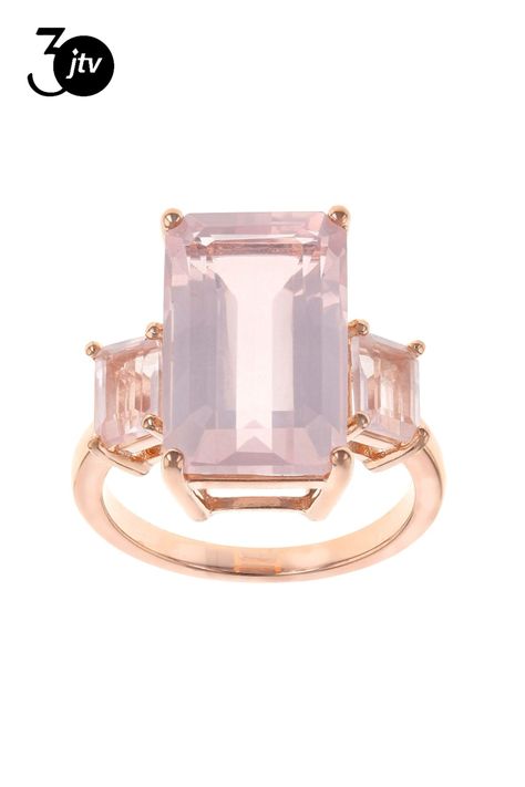 16x10mm and 6x4mm Emerald Cut Rose Quartz 18k Rose Gold Over Sterling Silver 3-Stone Ring. Measures Approximately .72"L x .65"W. Not sizeable. Pink Rose Quartz, 3 Stone Rings, 18k Rose Gold, Emerald Cut, Stone Rings, Pink Rose, Rose Quartz, Silver Ring, Emerald