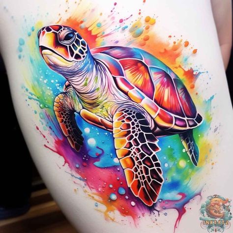 50 Sea Turtle Watercolor Tattoos: A Symbol of Strength and Beauty - inktat2.com Sea Turtle Tattoo Realistic Color, Watercolour Turtle Tattoo, Color Turtle Tattoo, Colour Sleeve Tattoo, Turtle Tattoo Color, Under Water Tattoo Ideas, Watercolor Sea Turtle Tattoo, Animal Leg Sleeve, Watercolor Turtle Tattoo