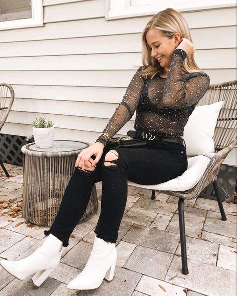 Black Sparkle Shirt Outfit, Black Outfit White Boots, Kelsea Ballerini Concert Outfit, What To Wear To A Burlesque Show, Sparkle Shirt Outfit, Sparkly Booties Outfit, Glitter Booties Outfit, Sparkly Boots Outfit Ideas, Sparkly Shirt Outfit