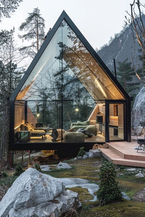 75 Jaw-dropping Modern Glass Cabins in the Mountains Modern Mountain Cabins, Futuristic Cabin, A Frame House Design, Glass Cabins, Geometric House, Modern Mountain Cabin, Minimalist Cabin, Resort Design Plan, Cozy Cabin In The Woods