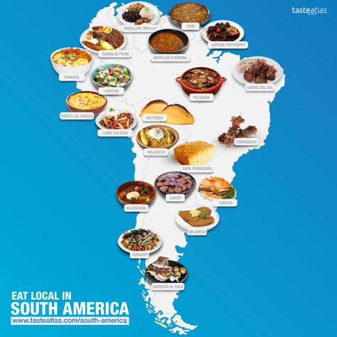 TRADITIONAL SOUTH AMERICAN DISHES  www.tasteatlas.com/south-america Eat local. Taste Atlas, South American Food, America Recipes, South American Dishes, Map Of South America, Food From Different Countries, South American Recipes, Lomo Saltado, New Orleans Recipes