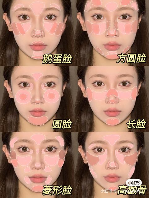 Purple Blush Douyin, Blush Placement Face Shapes Korean, Oval Face Blush Placement, Blush Placement Douyin, Chinese Blush Placement, Douyin Concealer Placement, Blush Placement Korean, Douyin Blush Placement, Blush Placement Round Face