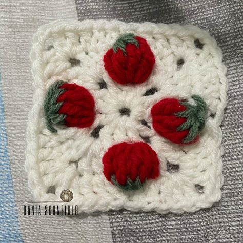 Strawberry Granny Square Pattern, Coquette Granny Square, Blueberry Granny Square, Crochet Blueberry Granny Square, Strawberry Granny Square Blanket, Tomato Granny Square, Strawberry Crochet Granny Square, Pie Granny Square, Crochet Strawberry Stitch