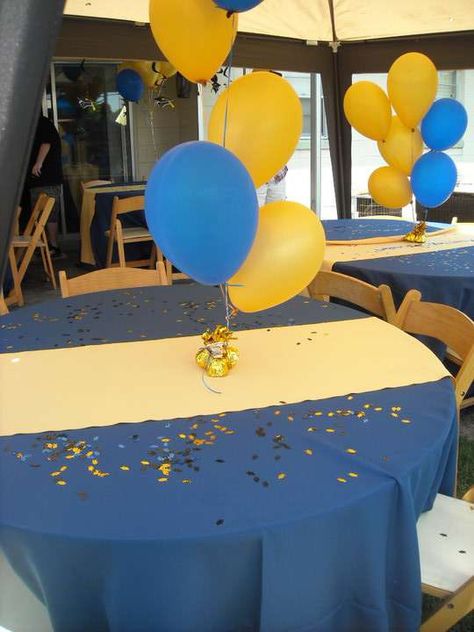 Blue And Gold Grad Party Ideas, Blue And Gold Graduation Party Decor, Blue And Gold Graduation Party Ideas, Blue And Gold Graduation Party, College Graduation Decorations, End Of School Party Ideas, End Of School Party, School Party Ideas, College Grad Party