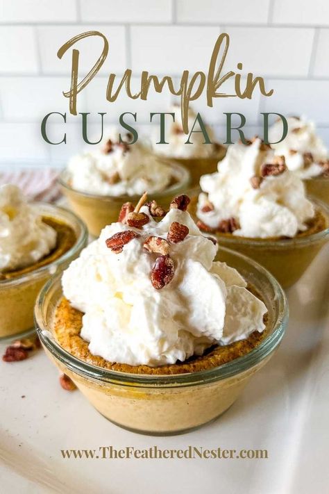 6 cups of pumpkin custard with frosting and nuts on top. with writings on top and bottom Pumpkin Custard Recipe, Condensed Milk Desserts, Classic Fall Desserts, Homemade Sweetened Condensed Milk, Custard Recipe, Pumpkin Custard, Pie Flavors, Custard Recipes, Pumpkin Pie Filling