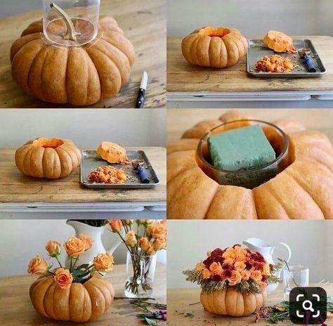 Thanksgiving Pumpkin Decorating, Pumpkins And Flowers, Pumpkin Vase, Fall Flower Arrangements, Diy Thanksgiving, Fall Arrangements, Fall Deco, Fall Thanksgiving Decor, Pumpkin Centerpieces