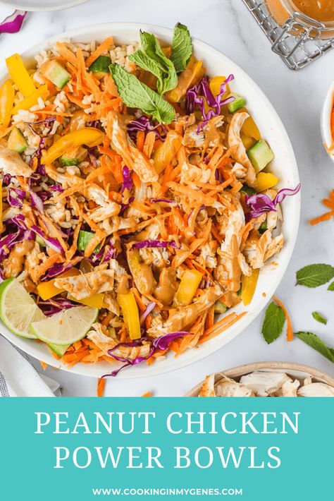 Healthy and flavourful, these Peanut Chicken Power Bowls are packed full of whole grains, vegetables & protein with a simple & easy peanut sauce! Chicken Power Bowls, Easy Peanut Sauce, Power Bowl Recipe, Thai Peanut Chicken, Chicken Protein, Protein Bowls, Chicken Rice Bowls, Peanut Recipes, Peanut Chicken