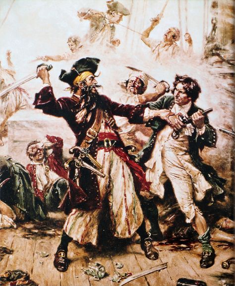 'Capture of the Pirate, Blackbeard, 1718 depicting the battle between Blackbeard the Pirate and Lieutenant Maynard in Ocracoke Bay' (1920) by Jean Leon Gerome Ferris (1863-1930) Famous Pirates, Golden Age Of Piracy, Bateau Pirate, Monkey Island, Pirate Art, Black Beards, Pirate Day, Bridgetown, The Pirates