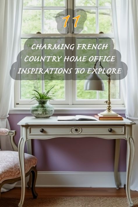 Step into a serene workspace that blends elegance and comfort. I love how the soft pink walls enhance the light pouring in from the windows, creating an uplifting atmosphere. The vintage desk and chic lamp provide the perfect touch of French country charm, making it an inspiring place to work or study. Let's explore these beautiful inspirations together! Cottage Home Office Ideas, French Cottage Office, French Provincial Office, French Country Home Office, French Country Design Ideas, Country Home Office, French Country Office Decor, Feminine Home Office Classy, French Country Office