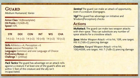 Dnd Guard Stats, Dnd Guard, Dnd Statblocks, Dnd City, Dnd Encounters, 5e Monsters, Dnd Stats, Dragons 5e, Dungeon Master's Guide