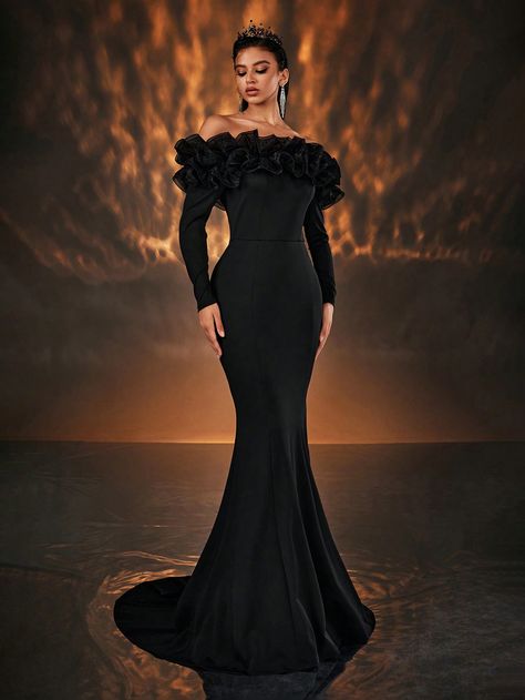 Elegant And Elegant Black Exaggerated Mesh Three-Dimensional Pleated One-Shoulder Long-Sleeved High-Waist Slim Fishtail Tail Suitable For All Formal Occasions Dating Bachelor Party Wedding Event Heavy Industry Dinner Party Gown Black Party  Long Sleeve Knitted Fabric Plain Bodycon High Stretch  Weddings & Events, size features are:Bust: ,Length: ,Sleeve Length: Black Gala Dress Long Classy Velvet, Ball Gowns Black Women, Dinner Party Dress Classy, Black Gala Dress, Black Tie Event Dresses, Wedding Event Dresses, Dinner Gown, Womens Prom Dresses, Heavy Industry